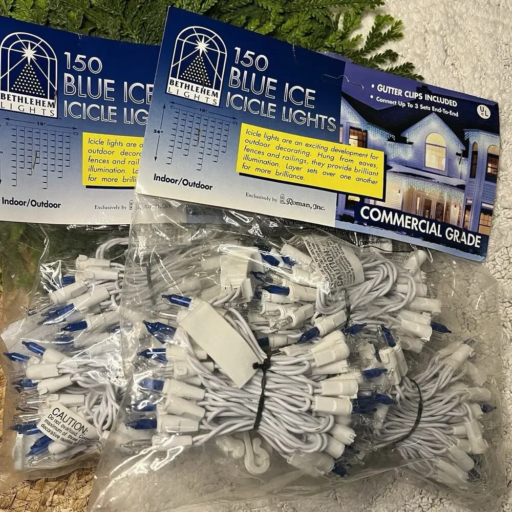 Vintage 1998 Roman 300 Blue Ice Icicle String Lights White Cord Indoor Outdoor